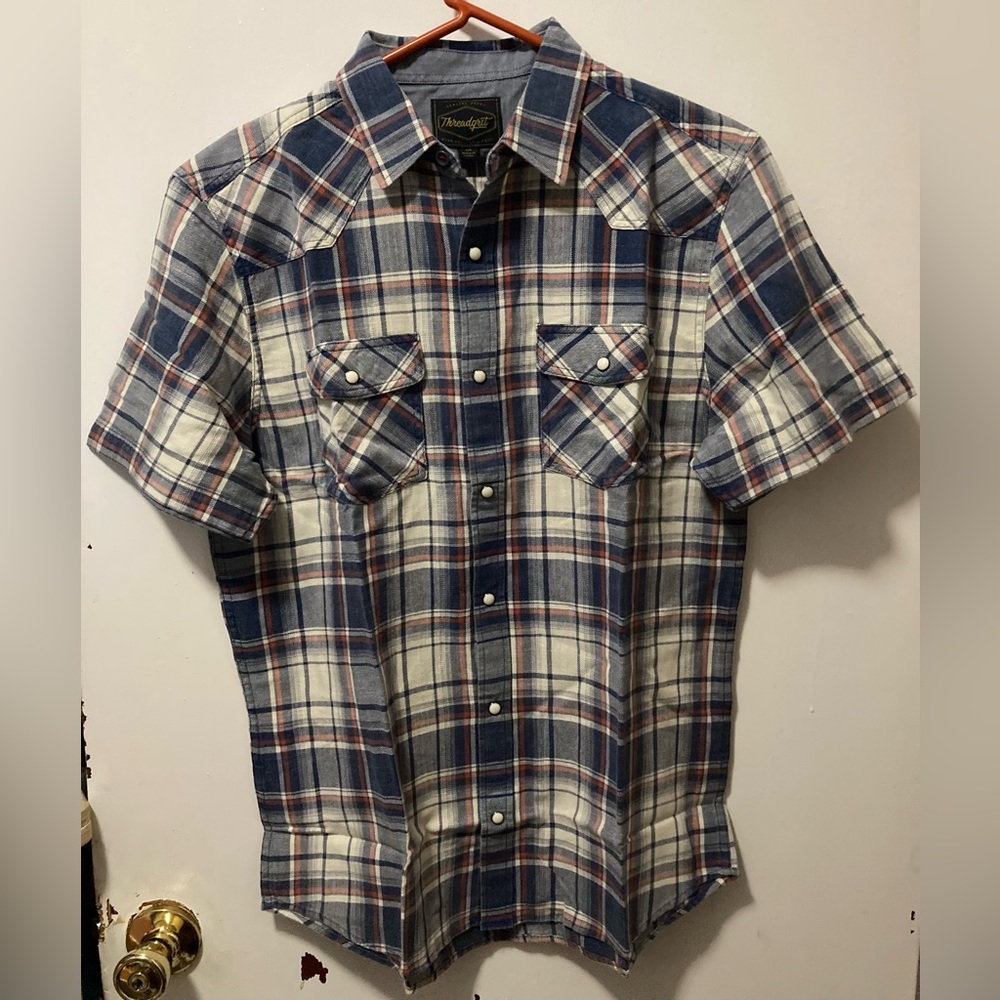 Threadgrit Men’s Plaid Button Up Short Sleeve Western Shirt Blue White Orange M